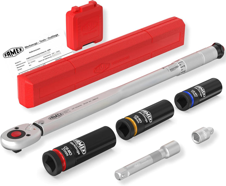 FAMEX 10886-3N-KS Drehmomentschlüssel 1/2" (12,5mm) | 30-210 Nm mit Kalibrierschein - Sparset mit Sc