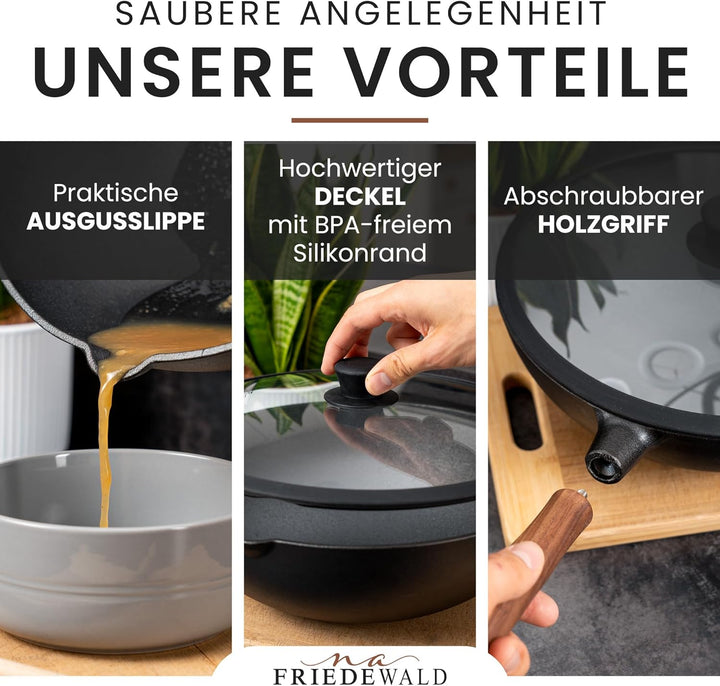 Friedewald® Gusseisen Wok mit Deckel - induktionsgeeignet - 29 cm/für 2-4 Personen - alle Herdarten