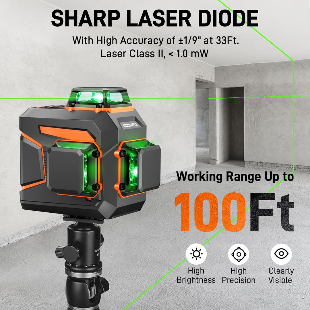 Kreuzlinienlaser GOCHIFIX 3x360 12 Linien Grün Selbstnivellierend Laser Wasserwaage mit Wiederauflad