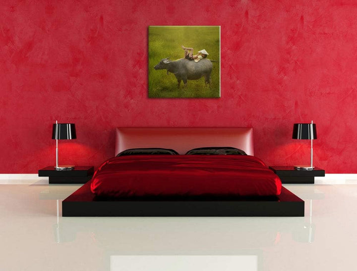 Wasserbüffel trägt Kind, Format: 70x70 auf Leinwand, XXL riesige Bilder fertig gerahmt mit Keilrahme