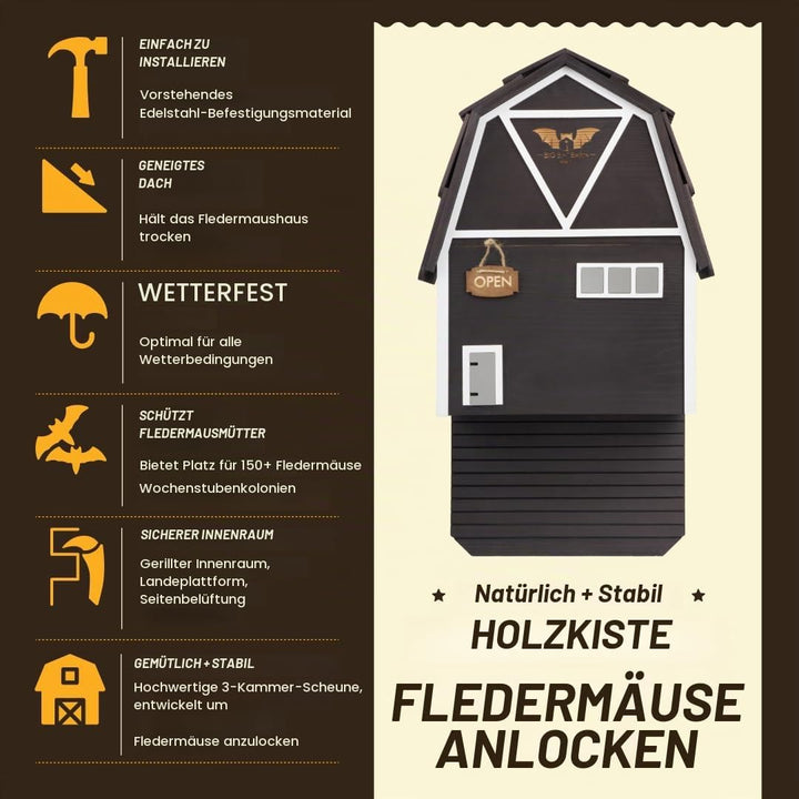 WildYard Big Bat Barn 3-Kammer Fledermaushaus - Gross, Schwarz - Witterungsbeständiges Fledermaus-Wi