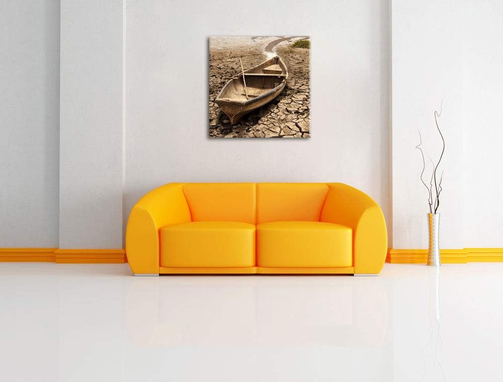 Boot in der Dürre, Format: 70x70 auf Leinwand, XXL riesige Bilder fertig gerahmt mit Keilrahmen, Kun