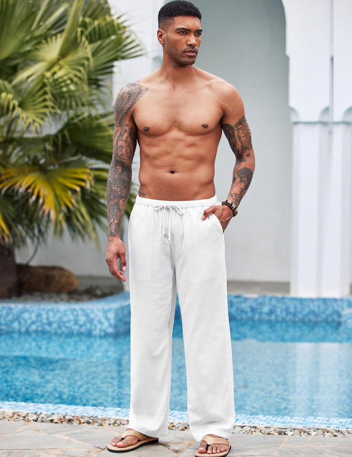 COOFANDY Herren Hose Lange Leinenhose Leicht Sommerhose Strandhose Elastische Taille Hosen Männer Fr
