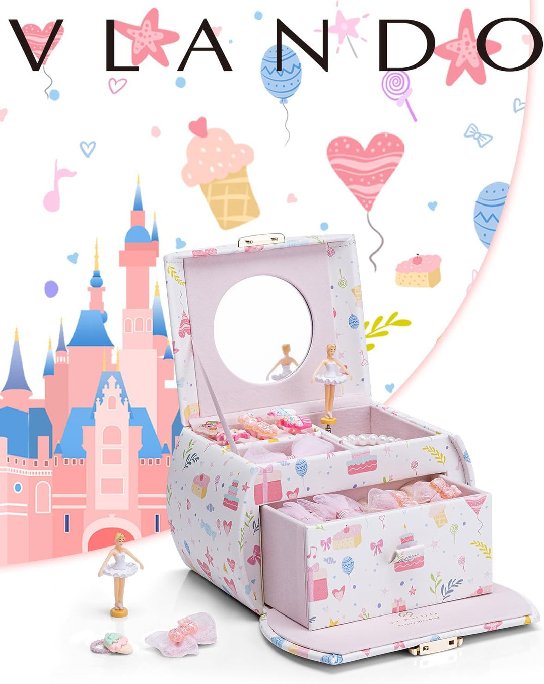 VLANDO Spieluhr Schmuckkästchen Mädchen mit Schubladen, Geburtstagsgeschenk Mädchen Geschenke 6 7 8