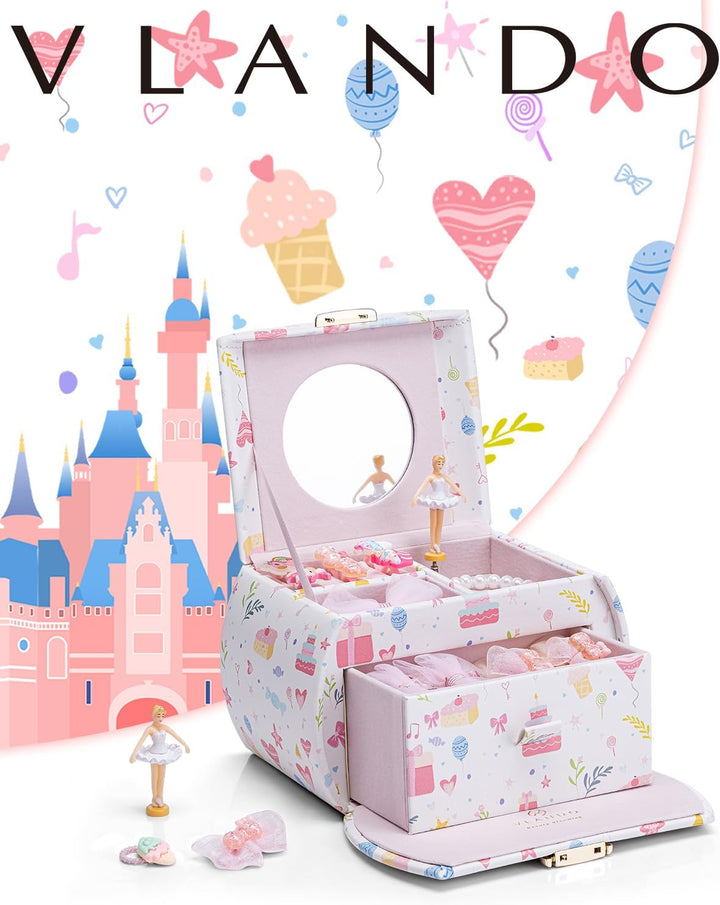 VLANDO Spieluhr Schmuckkästchen Mädchen mit Schubladen, Geburtstagsgeschenk Mädchen Geschenke 6 7 8