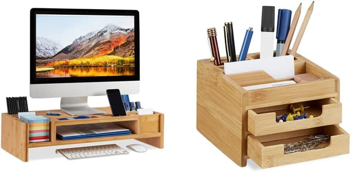 Relaxdays Monitorständer, Bildschirmständer aus Bambus, 14 Fächer, 15x65x28 cm, Natur & Schreibtisch
