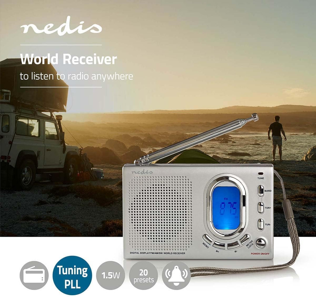 NEDIS World Receiver Radio World Radio Receiver FM/AM/SW, Portable Radio Alarm and Clock with Headph