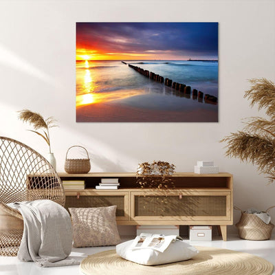 Bilder auf Leinwand 100x70cm Leinwandbild Meer Küste Strand Sonnenaufgang Gross Wanddeko Bild Schlaf