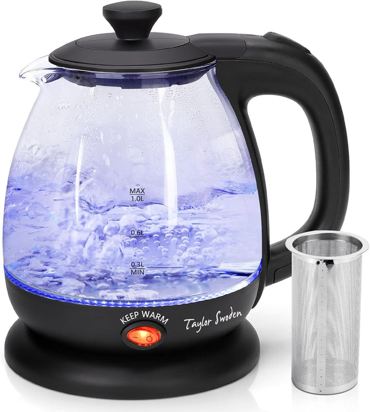 Taylor Swoden Wasserkocher Klein,1 Liter Wasserkocher Glas Led, 2200W Electric Kettle, Warmhaltefunk