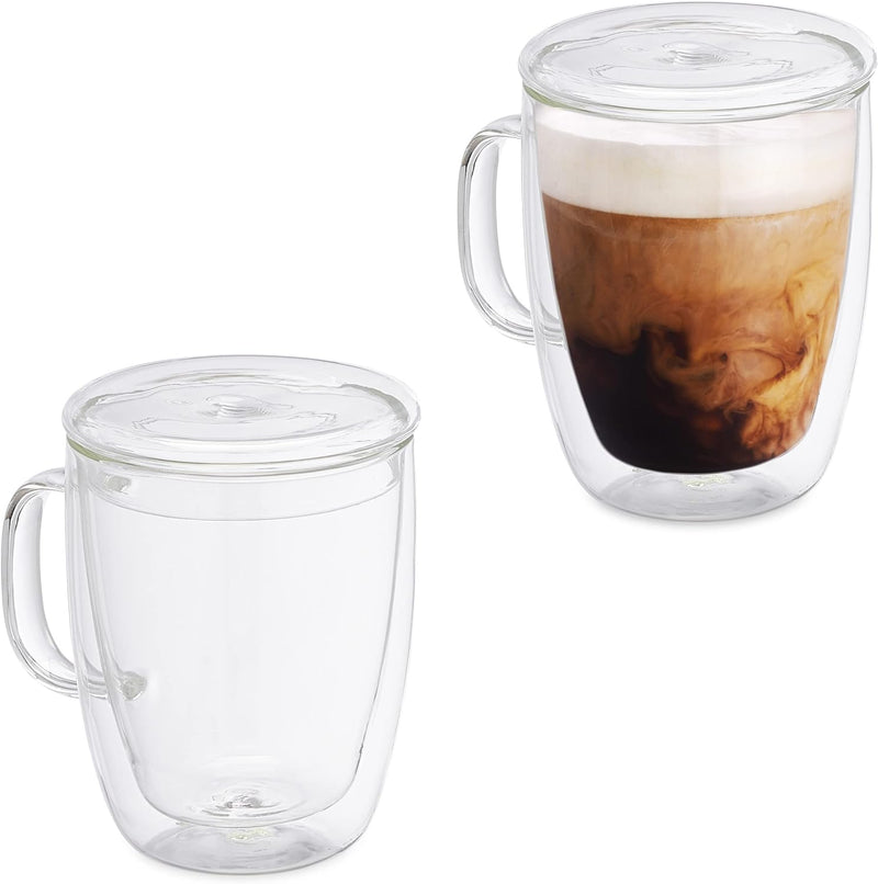 Relaxdays Doppelwandige Kaffeegläser, 2er Set, 500 ml, Teegläser mit Henkel & Deckel, Borosilikatgla