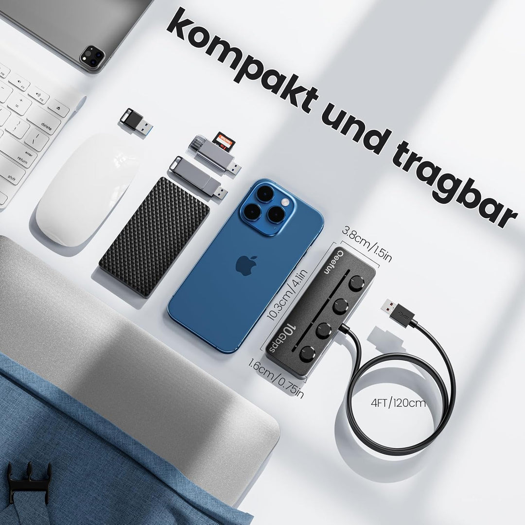 Qeefun 10Gbps USB Hub, 3.2 USB Hub mit 2 USB-C und 2 USB-A, USB 3.2 GEN 2 Splitter mit Type-C Power