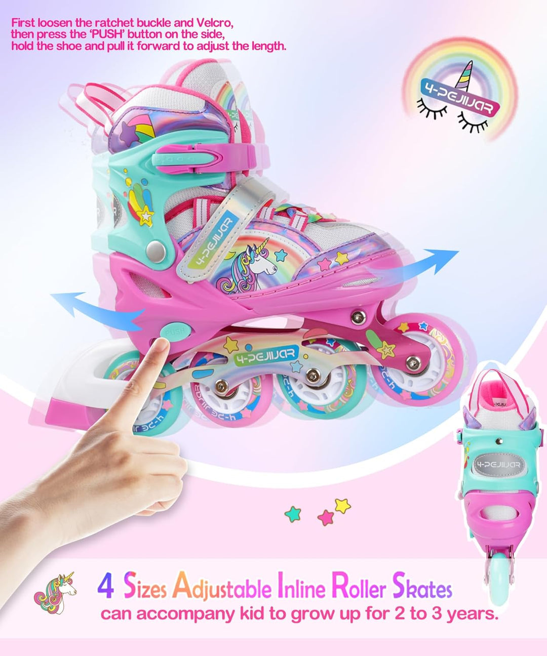 Einhorn Inliner für Mädchen Kinder Grössen Verstellbar Mit Allen Leuchtenden Rädern Regenbogen Inlin