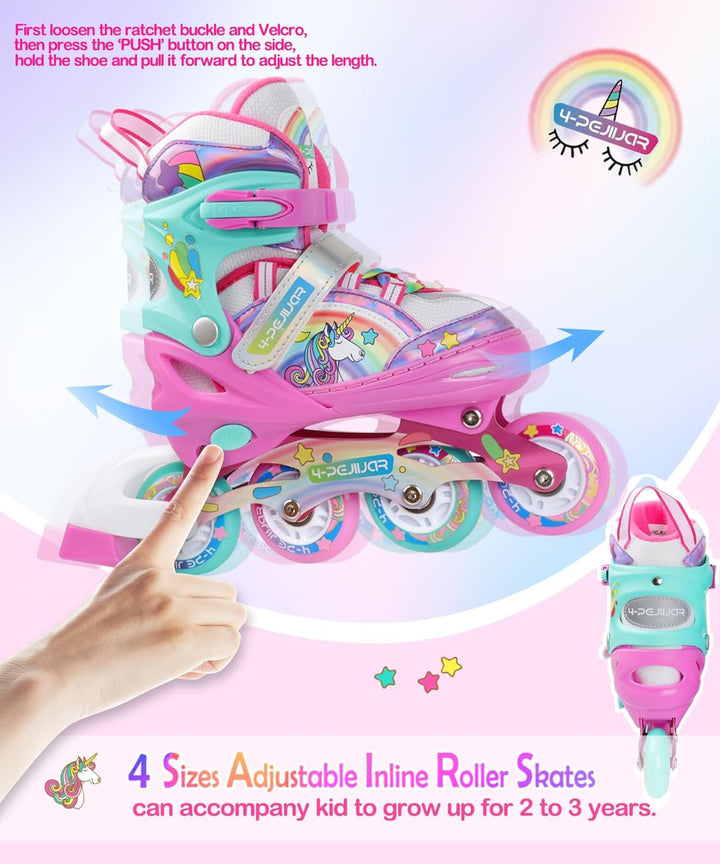 Einhorn Inliner für Mädchen Kinder Grössen Verstellbar Mit Allen Leuchtenden Rädern Regenbogen Inlin