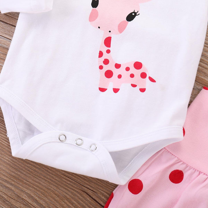 Neugeborene Baby Mädchen Kleidung Giraffe Strampler+Rosa Punkt Hose+ Hat 3Pcs Bekleidungssets 12–18