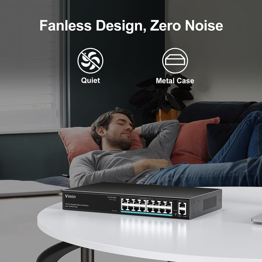 VIMIN 16-Port Gigabit PoE Switch mit 2 Uplink Gigabit Ports, 18-Port Unmanaged Ethernet PoE Switch m