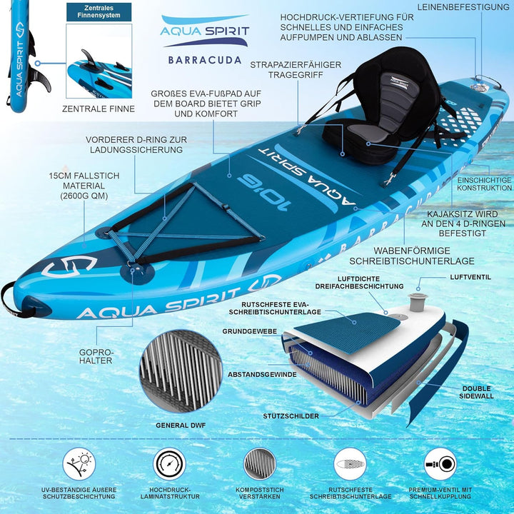 AQUA SPIRIT SUP Aufblasbare Boards für Stand-Up Paddling Paddel Board Set Mit verstellbarem Paddle,