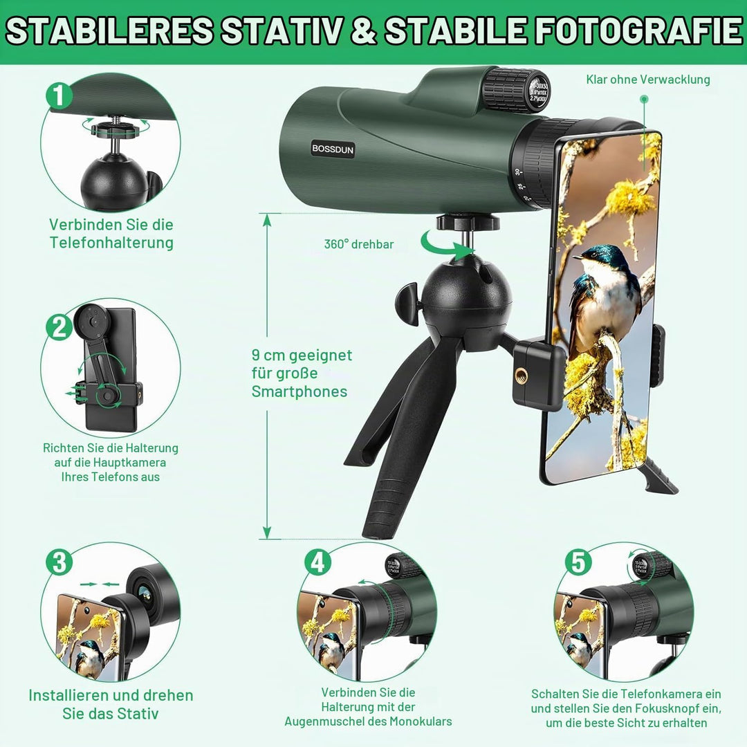 Zoom-Monokular-Teleskop, Hochleistungs-Monokular-Teleskop für Smartphone mit Stativ, HD-Monokular fü