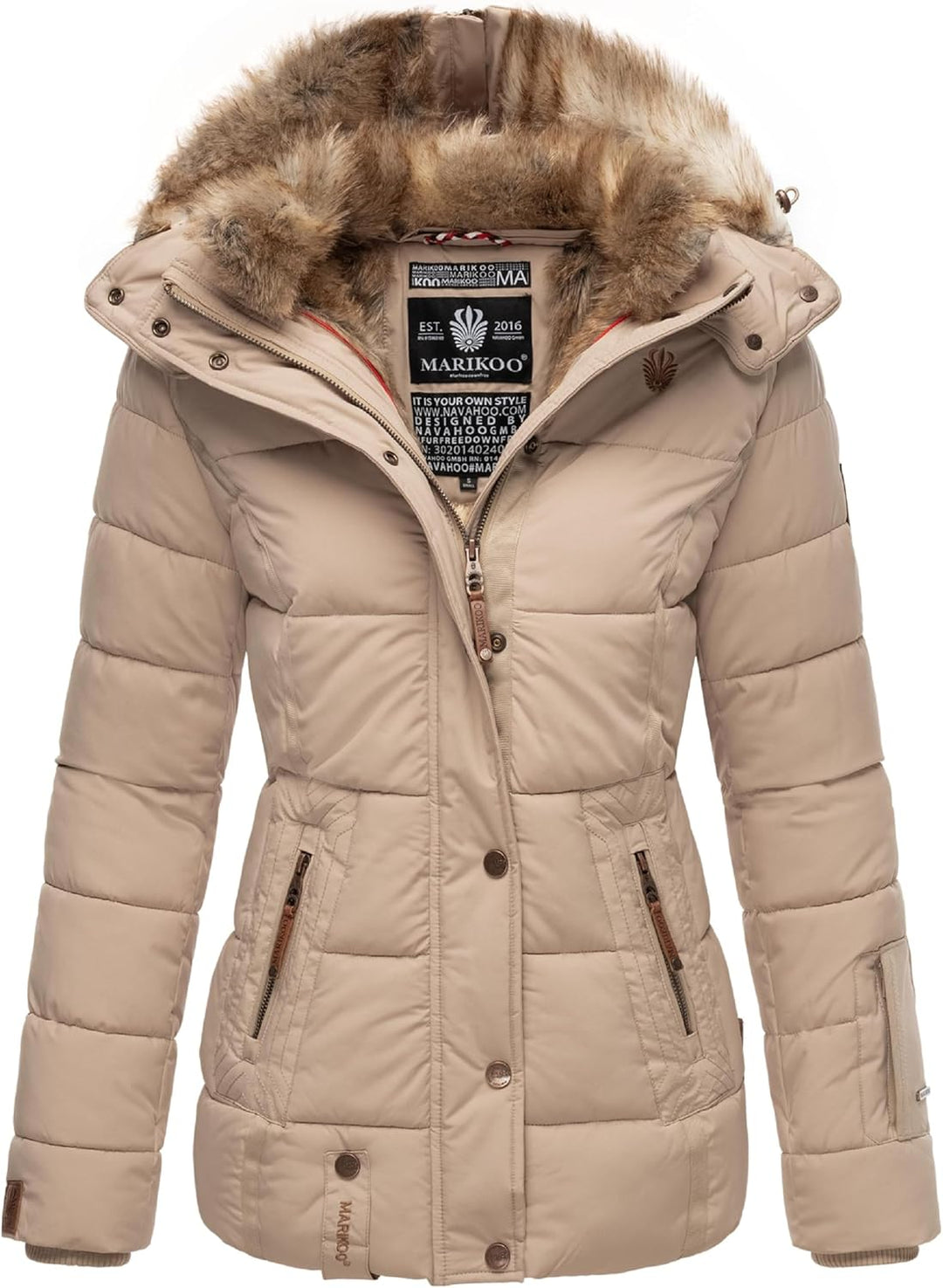 MARIKOO Damen Winterjacke warme Steppjacke mit Kunstfell Innenfutter Nekoo XS-3XL M Beige, M Beige