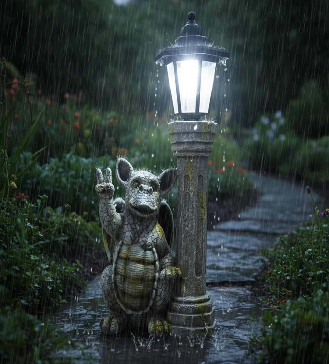 Kremers Schatzkiste Gartenfigur Drachenkind Peacezeichen mit Solar Laterne Drache Figur Gargoyle
