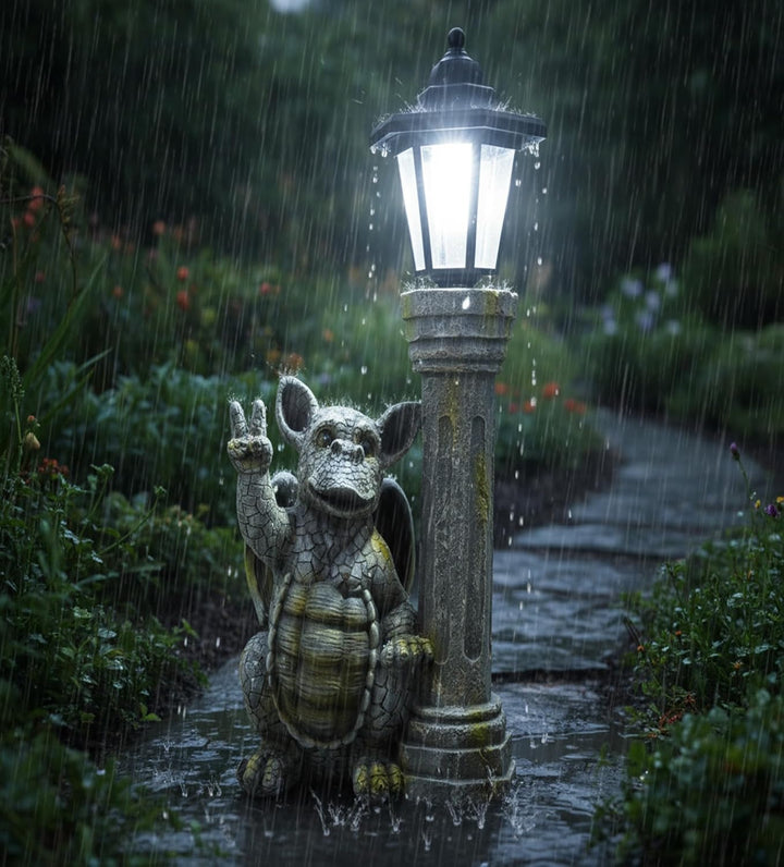 Kremers Schatzkiste Gartenfigur Drachenkind Peacezeichen mit Solar Laterne Drache Figur Gargoyle
