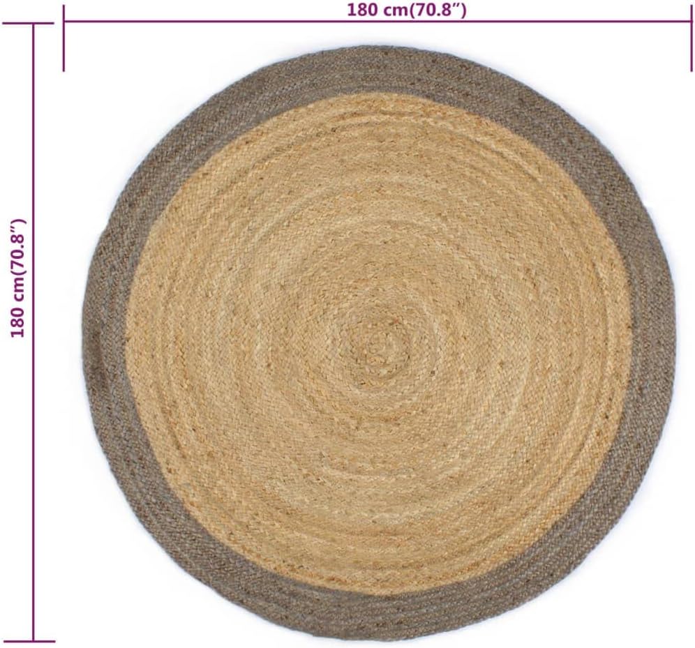 homiuse Teppich Handgefertigt Jute mit Grauem Rand 180 cm Teppich Wohnzimmer Teppich Rund Outdoor Te