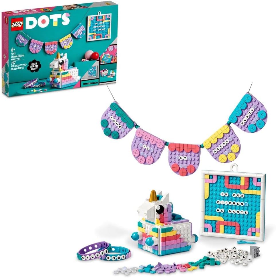 LEGO 41962 DOTS Einhorn Familienkreativset, Spielzeug Bastelset mit Schmuckkästchen, 2X Armband, Mes