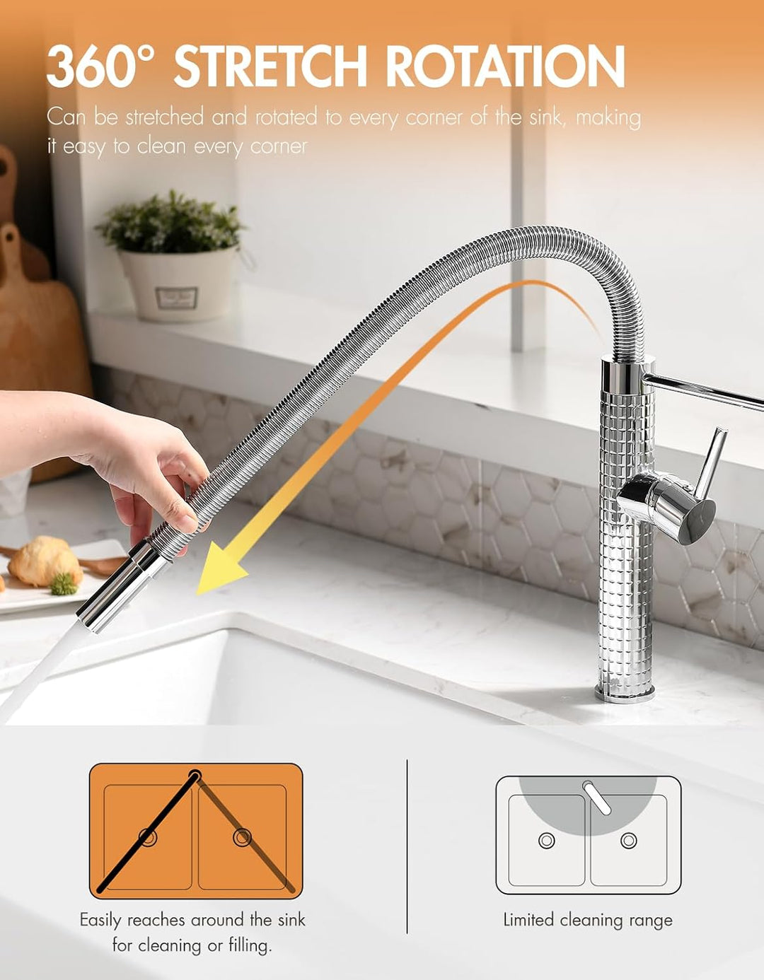 TIMACO Chrom Wasserhahn Küche,Küchenarmatur mit Brause Ausziehbar - 360° Schwenkbarz- Pull-Down-Spra