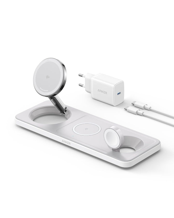 Anker MagGo Faltbare 3-in-1 Kabellose Ladestation, Qi2-zertifiziertes ultraschnelles 15W kabelloses