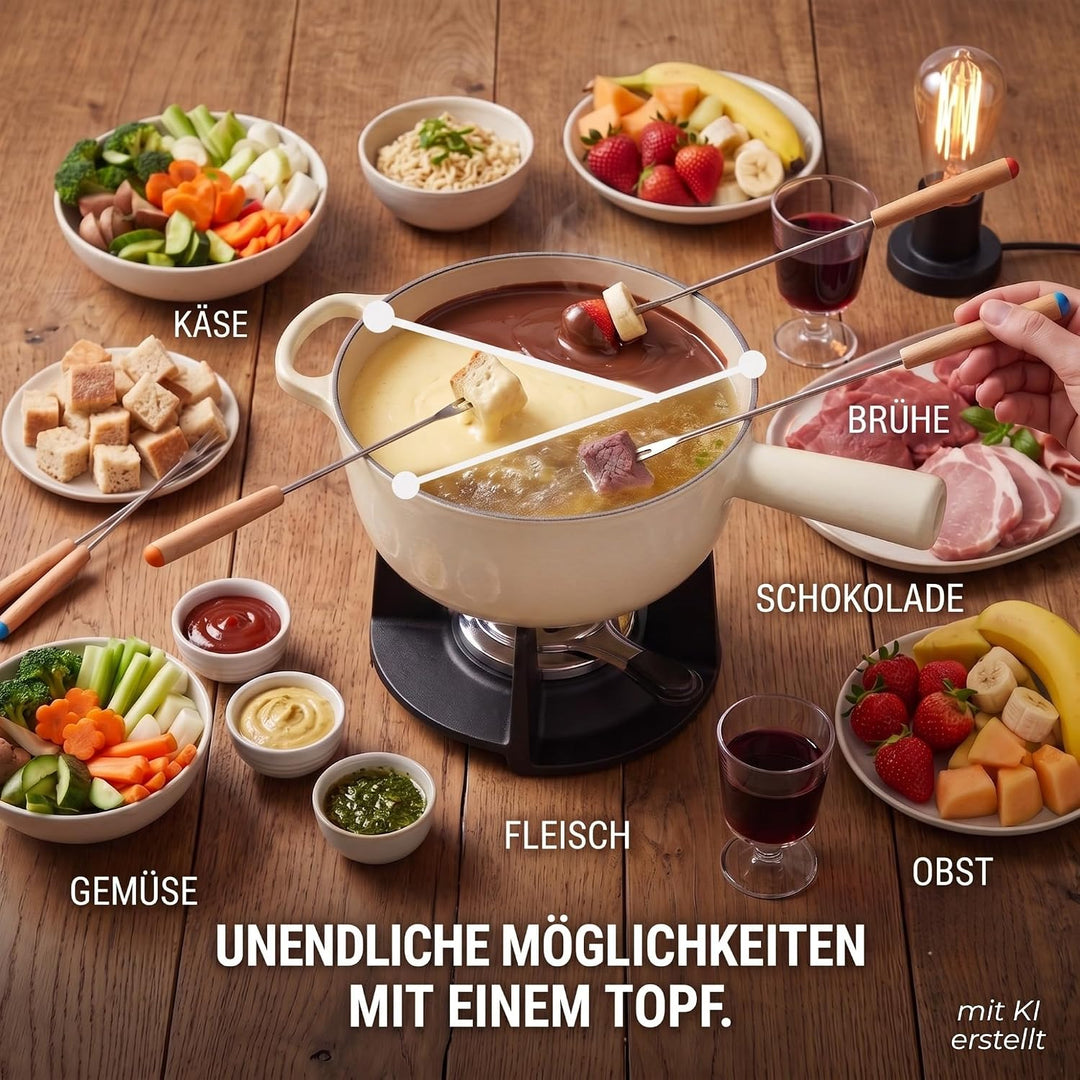 osoltus Fondue | Käsefondue | Fleischfondue Set Gusseisen 6 Personen Emaille | 13 TLG. inklusive Hol