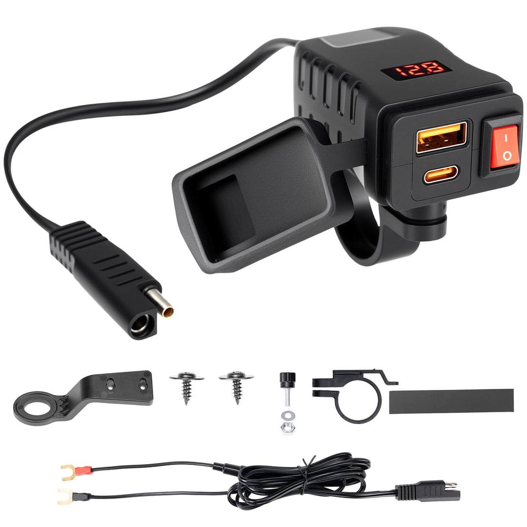 KEMIMOTO Motorrad USB Ladegerät, USB-A Type-C mit EIN/Aus-Schalter und LED-Spannungsmesser, IP66, 2