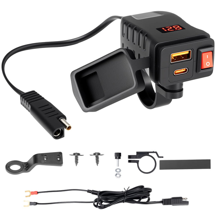 KEMIMOTO Motorrad USB Ladegerät, USB-A Type-C mit EIN/Aus-Schalter und LED-Spannungsmesser, IP66, 2