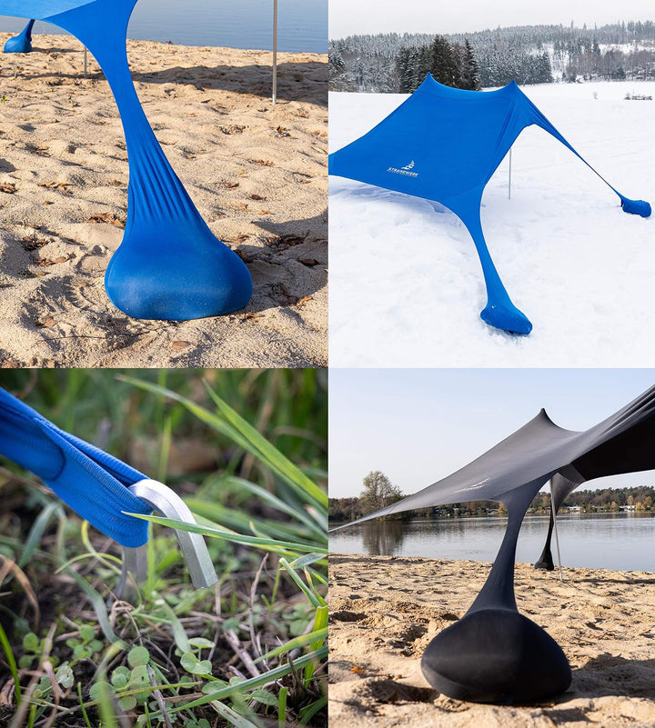 Premium Lycra Strandzelt – Strandmuschel Pop-Up Sonnensegel „Ole“ mit Alu-Stangen und befüllbaren Sa