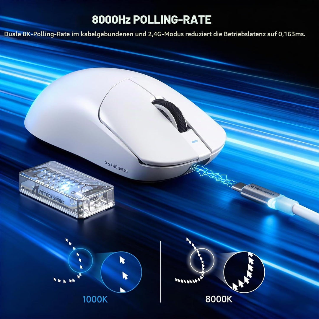 ATTACK SHARK X8 Serie Kabellose Gaming-Maus, 55–65 g Superleicht, PixArt PAW3395/3950 Sensor, BT/2.4