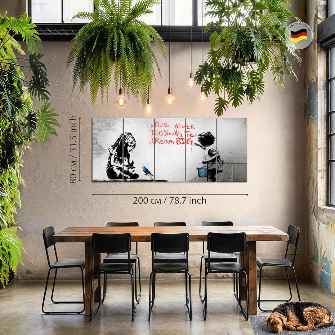 Runa Art Wandbild XXL Banksy Mädchen mit Vogel Loft Wohnzimmer 200 x 80 cm Grau Blau 5 Teilig - Made