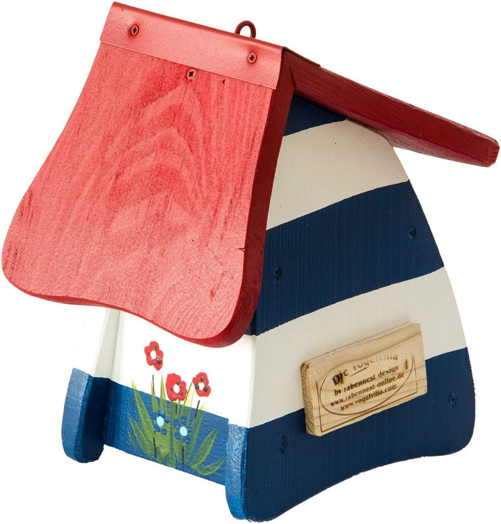 Nistkasten Leuchtturm blau/weiss, Vogelhaus aus Holz, Vogelhäuschen für Wildvögel, Nistvilla, Vogelv