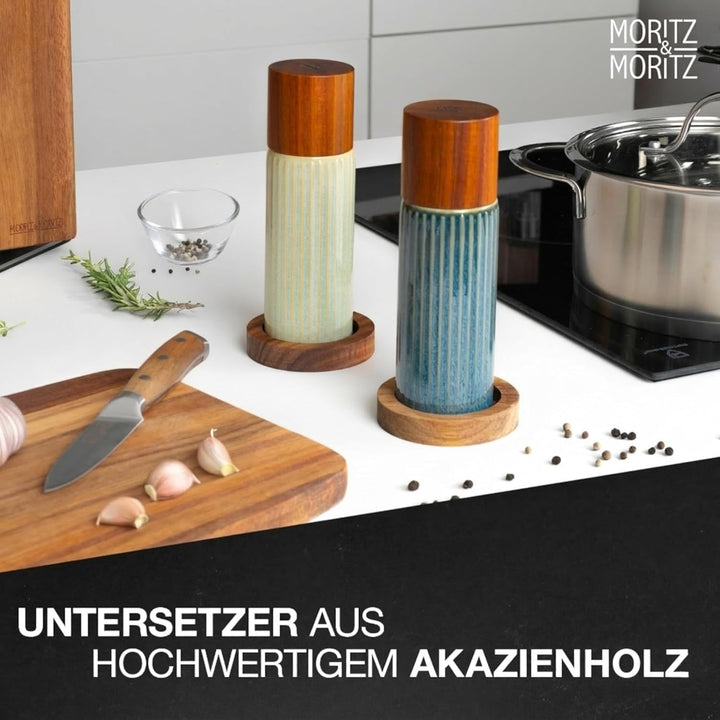 Moritz & Moritz PEPE Gewürzmühle 2er Set blau/grün - Salz und Pfeffermühle aus Steinzeug & Akazienho