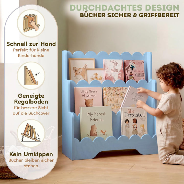smartwood Montessori Bücherregal Kinder, FSC-Kiefernholz, Blau, LULU | 3-stufig, 64x31,5x71 cm, Einf