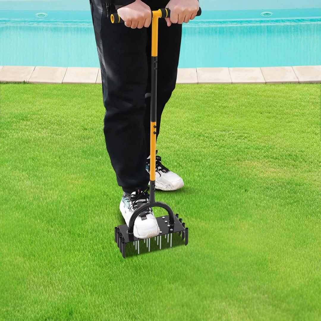 2-in-1 Rasenlüfter, Aerifizierer für Rasen, Manuell Rasenbelüfter mit 16 Eisenspikes, Heavy Duty Han