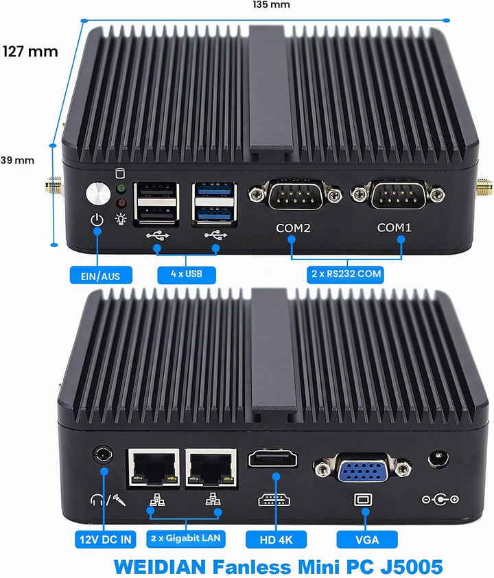 WEIDIAN Industrie PC Lüfterloser Mini PC J5005, 8GB RAM 256GB SSD, 2RS232 COM, 2Gigabit LAN, HD+VGA,