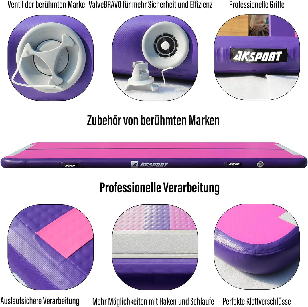 AKSPORT Air Matte Track Tumbling Matte,3/4/5/6m Aufblasbar Gymnastikmatte Turnmatte Tumbling Matten