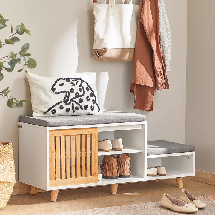 SoBuy FSR125-WN Schuhbank mit 2 Sitzflächen und 1 Schiebetür Sitzbank mit Stauraum Dielenbank Schuht