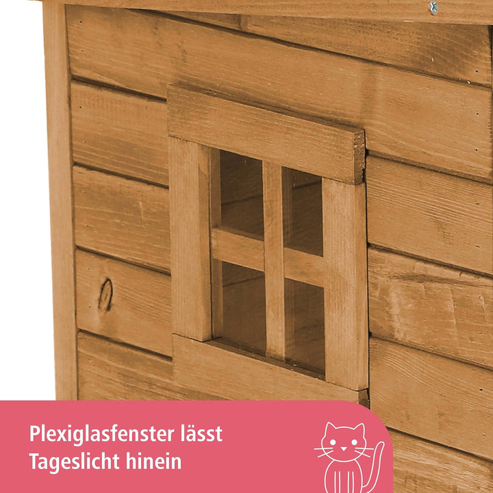 Kerbl Katzenhaus Rustica aus Holz, Schwingtüre mit Lamellen, Plexiglasfenster, Höhenverstellbare Kun