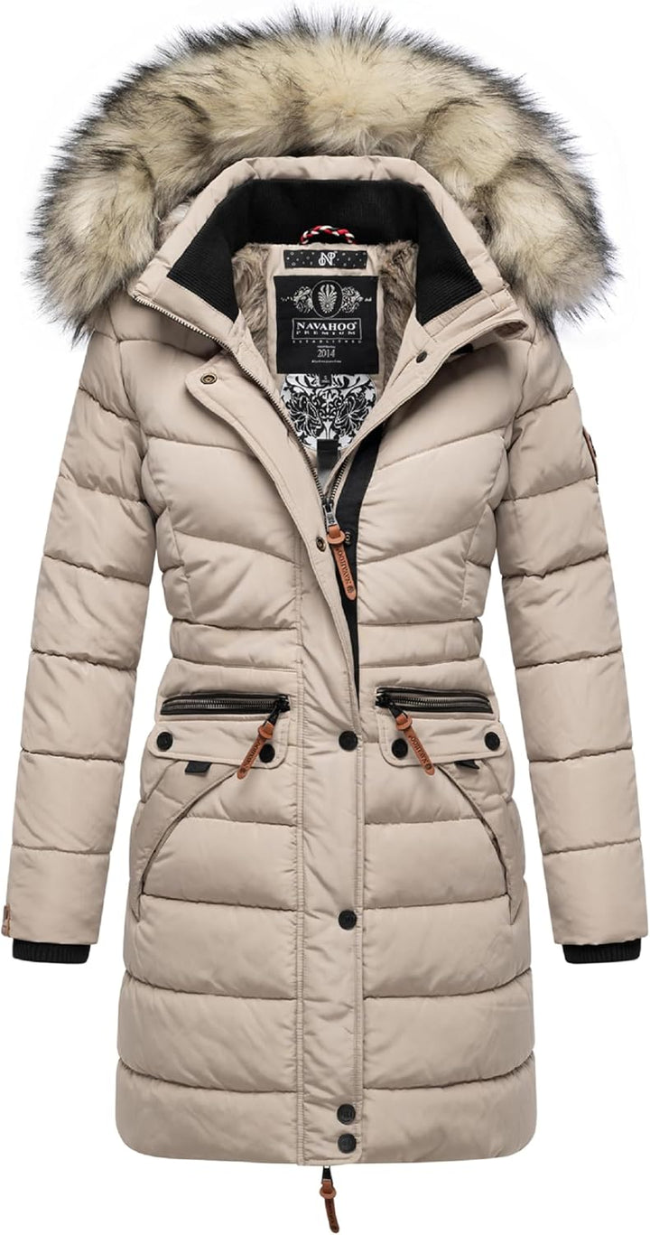 Navahoo Damen Wintermantel warmer Steppmantel lang mit abnehmbarer Kunstfell-Kapuze Paula XS-5XL M L