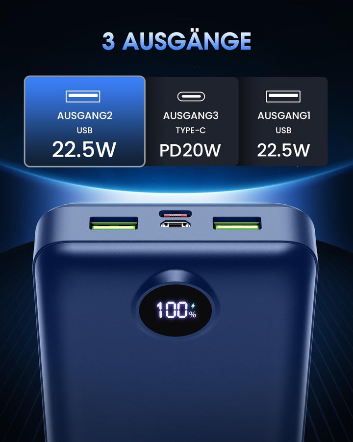 PowerBank 50000mAh grosse kapazität, 22,5W schnelles Aufladen externer Akku USB-C 3 Ausgänge und 2 E