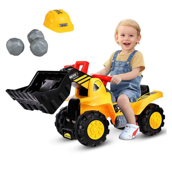 COSTWAY Sitzbagger mit eingebautem Ablagefach, Kinderbagger mit 4 Sound-Tasten, Bagger Spielzeug, Sa