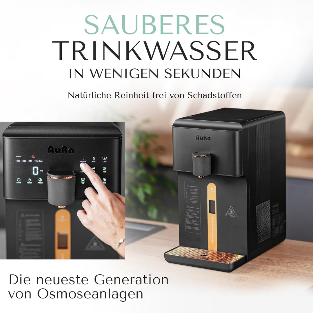 AuRa Osmoseanlage Trinkwasser [Ohne Tank] - Platzsparender Wasserfilter für reines Wasser, Heisswass