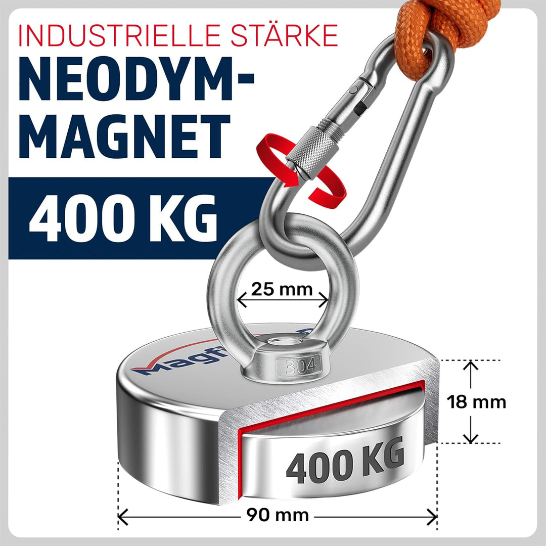 Magfishion - Mega Magnetfischen Set – 400 kg - Ø90mm - Neodym Magnet Mit 2 Seilen – Perfekt zum Magn