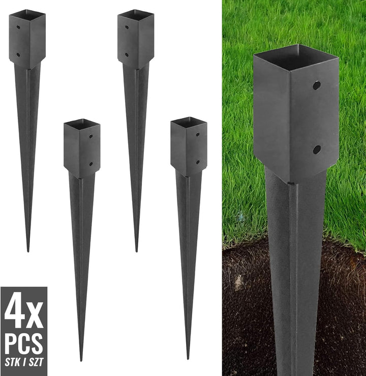 ADGO - 4er Set - Einschlagbodenhülse, Pfostenträger für Holzpfosten - 45x600mm - Quadratische Basis