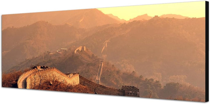 Paul Sinus Art Panoramabild auf Leinwand und Keilrahmen 150x50cm China Mauer Berge Sonnenaufgang Nat