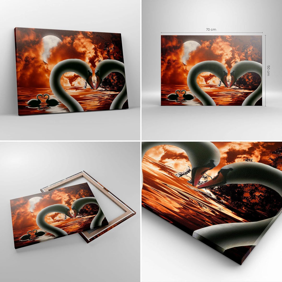 Bilder auf Leinwand Schwäne Nacht Liebe Leinwandbild mit Rahmen 70x50cm Wandbilder Dekoration Wohnzi